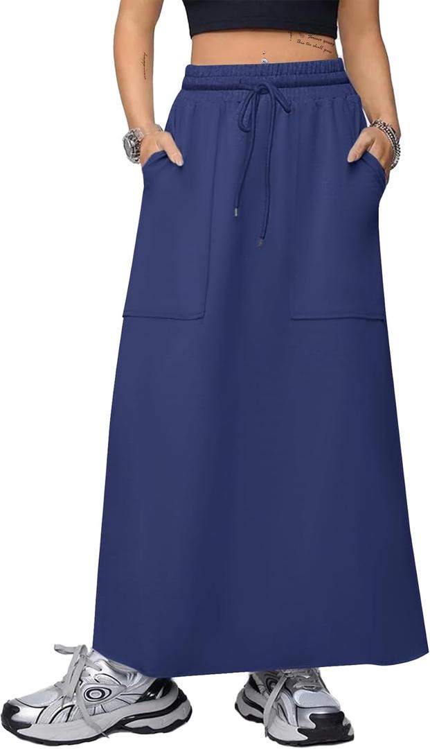SOFIA'S CHOICE Skirts for Women Drawstring High Waist A Line Maxi Long Skirts with Pockets Blue X-Small (Blue, XS)