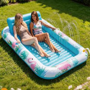 Inflatable Tanning Pool Lounger Float with Sprinkler, Pool Float Adult with Pillow & Cup Holder, Sunbathing Blow Up Tanning Bed, Suntan Tub Raft Floatie for Backyard Summer Water Party Extra-Large