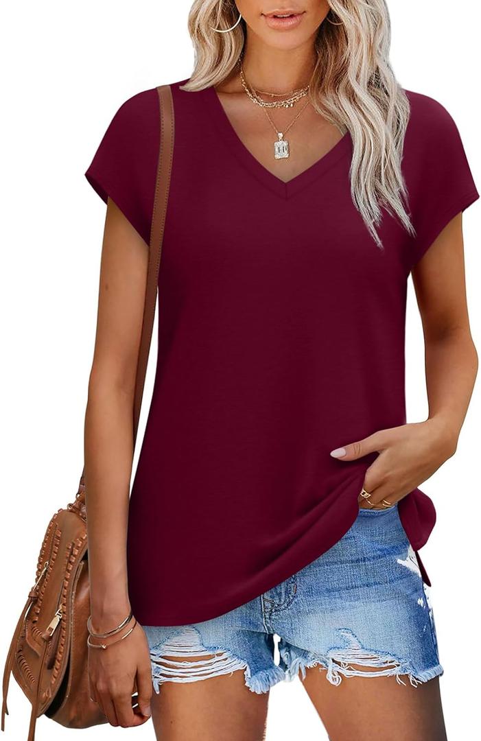 SAMPEEL Womens Summer Tops 2025 Cap Sleeve Trendy V Neck Loose Fit T Shirts (Small, Plain Burgundy)