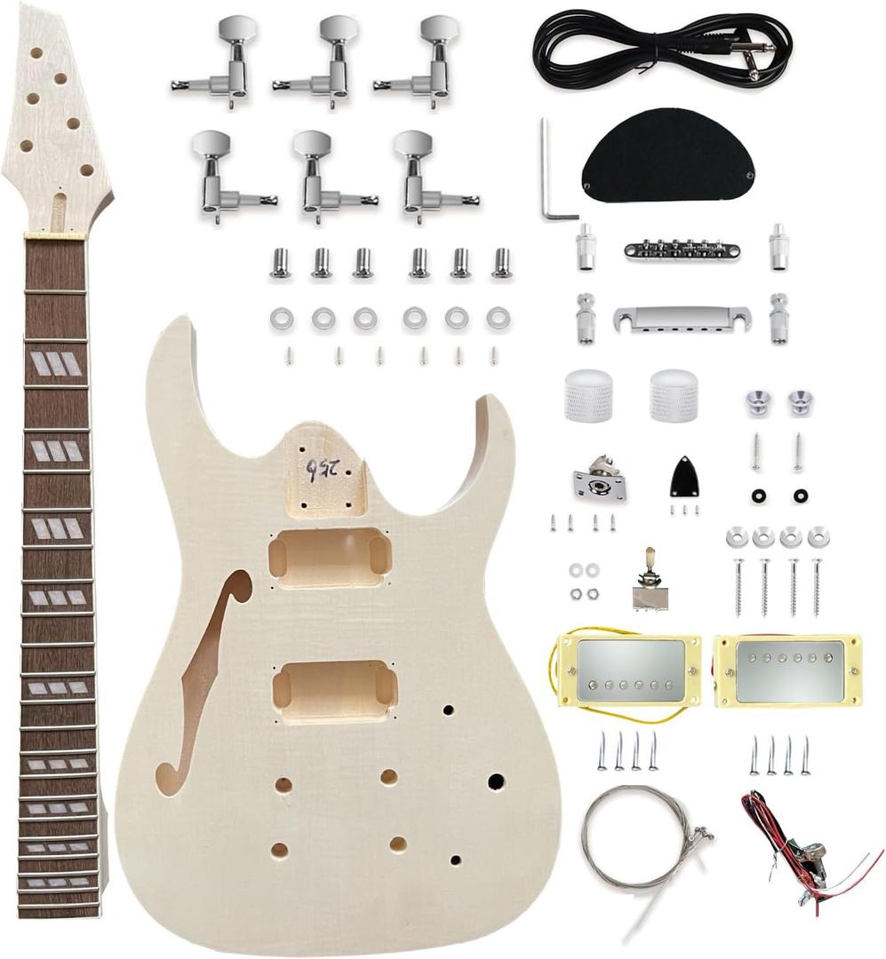 DIY Electric Guitar Kit Beginner Kit 6 String Right Handed with Flamed Maple Veneer Top Basswood Body Hard Maple Neck Rosewood Fingerboard Chrome Hardware Build Your Own Guitar.