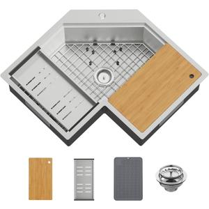 30 In Corner Kitchen Sink Workstation-Stainless Steel Drop In Stylish&Modern Topmount Workstation Sink With Cutting Board, Bottom Grid,Silicon Mat,Colander Nice Solution For Small Kitchen Corner
