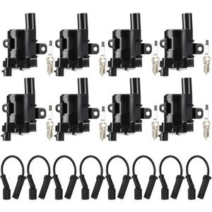 Round Ignition Coil Pack + Iridium Spark Plugs + Wire for Buick Rainier Cadillac Escalade Chevy Avalanche 1500 Express & Silverado 1500 2500 3500 SSR Suburban Tahoe GMC Savana 2500 3500 Hummer H2