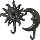 Cast Iron Hook, 2Pcs Heavy Duty Vintage Cast Iron Hooks with Screws Hanging, Antique Decorative Wall Hooks Hanger for Coat, Scarf, Bag, Towel, Key, Cap (Sun and Moon)