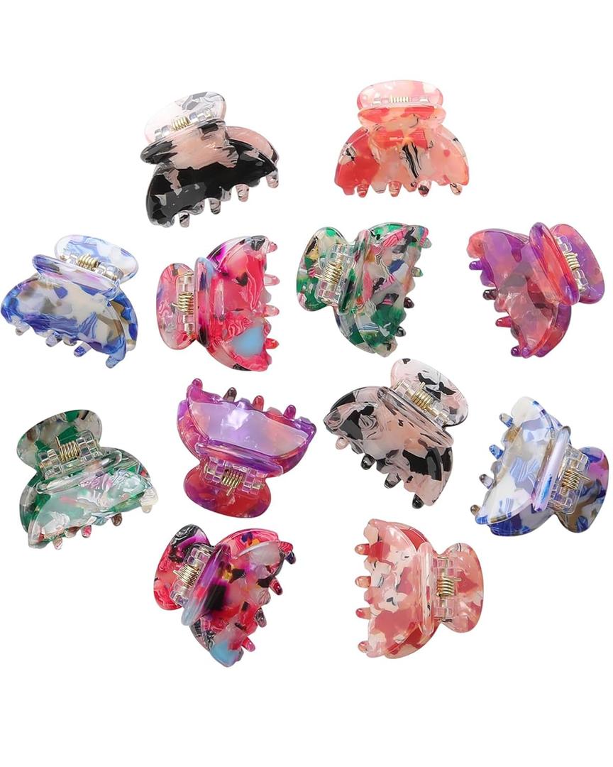 AWAYTR 12Pcs Small Hair Clips for Women Girls Acrylic Mini Claw Clips Cute Hair Jaw Claw for Hair Styling Accessories (Printed style)