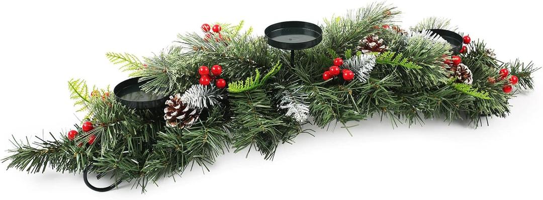 2024 Christmas Candle Holder, 30" Abundant Table Centerpiece w/ 3 Candle Trays, Artificial Decor w/ 68 Pine Needles, 8 Cones, 10 Strings of Red Cherry & Snowy Leaves 2024 Christmas Candle Holder, 30" Abundant Table Centerpiece w/ 3 Candle Trays, Artificial Decor w/ 68 Pine Needles, 8 Cones, 10 Strings of Red Cherry & Snowy Leaves
