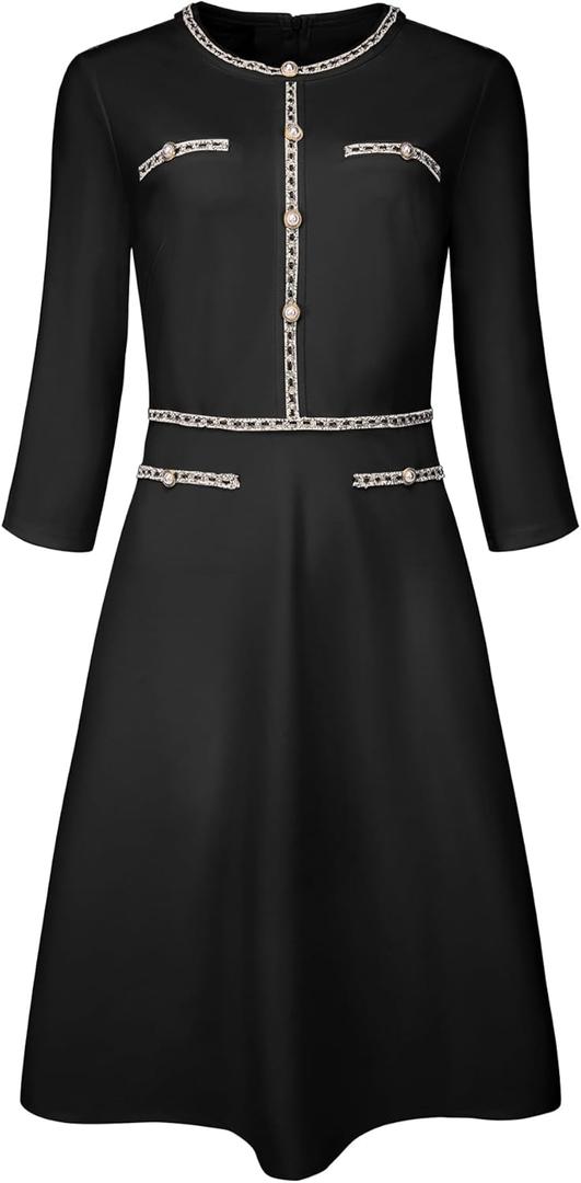 Hobemty Women's Church A-Line Work 3/4 Sleeve Tweed Midi Dresses (M)