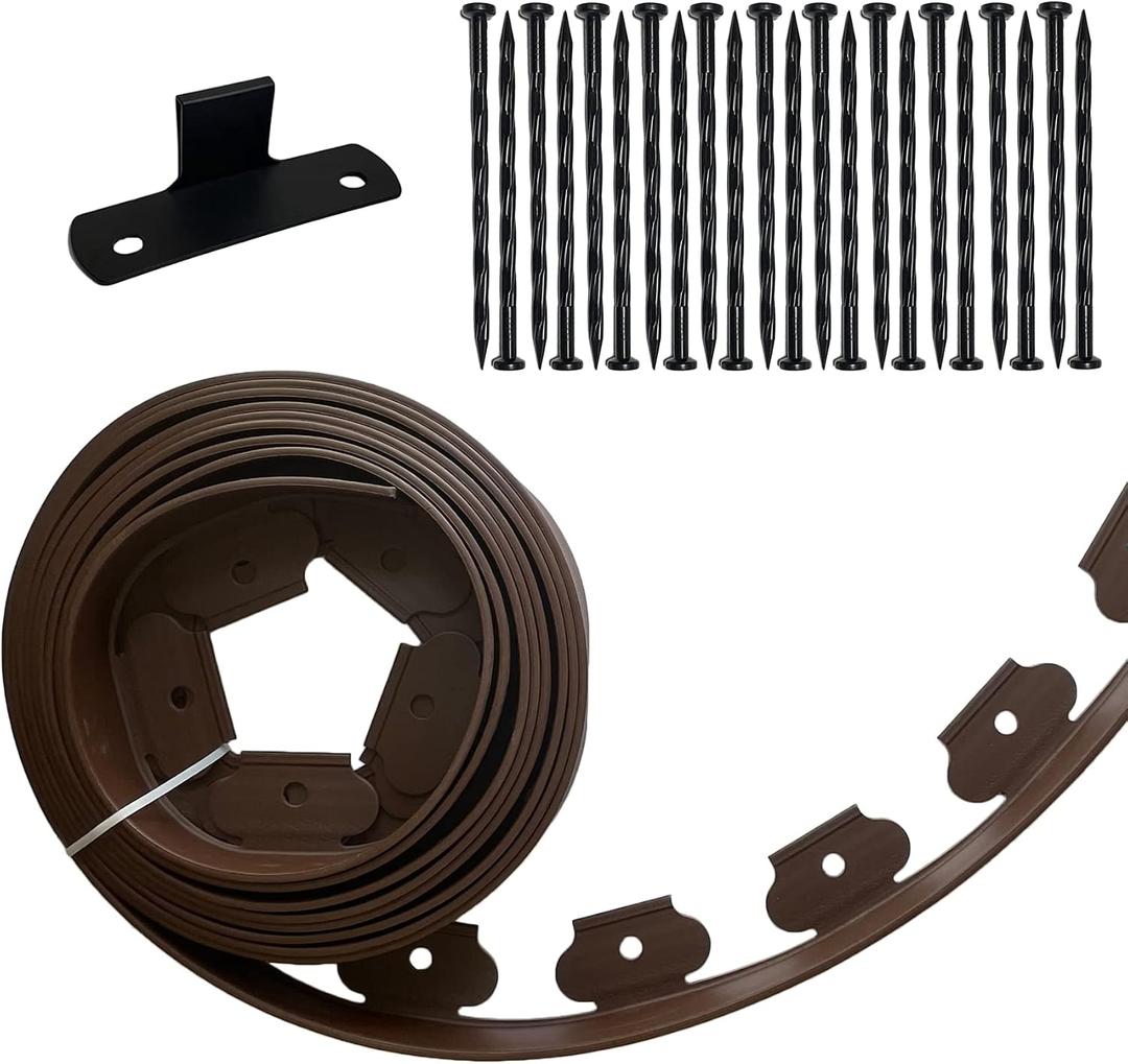 Landscape Edging Kit Black 20 ft Lawn Edging Include 20 Spikes, 2 in Tall Plastic Garden Edging Border for Landscaping, Flower Gardens, Lawn (Brown 20FT)