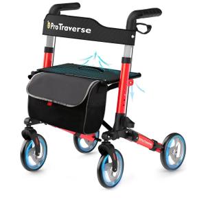 Foldable Rollator Walker with Seat, Standard Height Lightweight Rollator with Large Wheels, Folding Rolling Walker for Seniors, Walker Rollator with Seat, Red