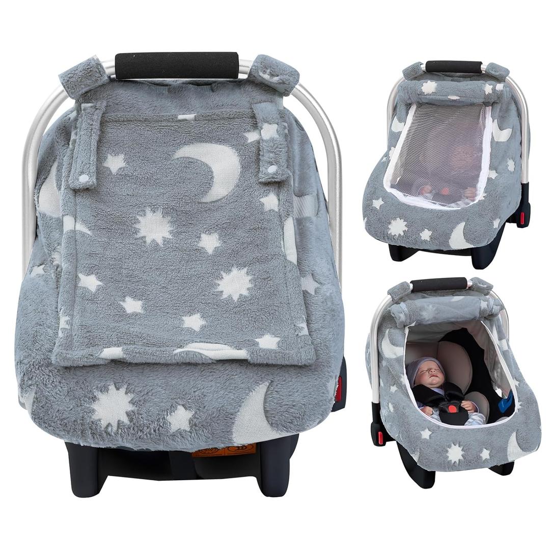 Baby Car Seat Cover, Carseat Covers Baby Glow in The Dark, Fleece Plush Infant Car Seat Cover for Girls Boys, Car Seat Canopy with Peep Mesh Windows, Universal Carrier Cover for All Seasons (Grey)