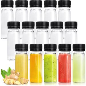 Xuyyicao 30 Pcs 2 Oz Small Plastic Bottles for Liquids,Ginger Shot Bottle with Lids,Reusable Bulk Beverage Containers for Juice,Liquor,Potion,Wellness,DIY,Wedding,Party,Travel(Black Cap)
