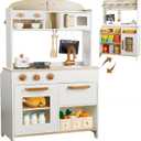 Dual-Sided Play Kitchen for Kids Toddlers, 2-in-1 Grocery Store&Wooden Toy Kitchen Set with Coffee Machine,Pretend Kitchen Play Set with Microwave, Oven, Gift for Boys Girls