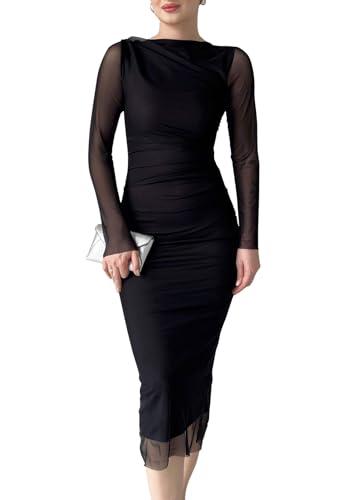 Women Ruched Bodycon Midi Dresses Sheer Long Sleeves Boat Neck Casual Formal Slim Fit Spring Fall Dress Black L