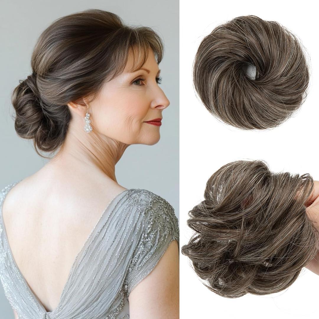 CJL HAIR Pack of 2 Small Cute Messy Bun Hair Piece for Thin Hair Women Mini Synthetic Curly Bun Scrunchies Updo Hairpieces Pepper Brown
