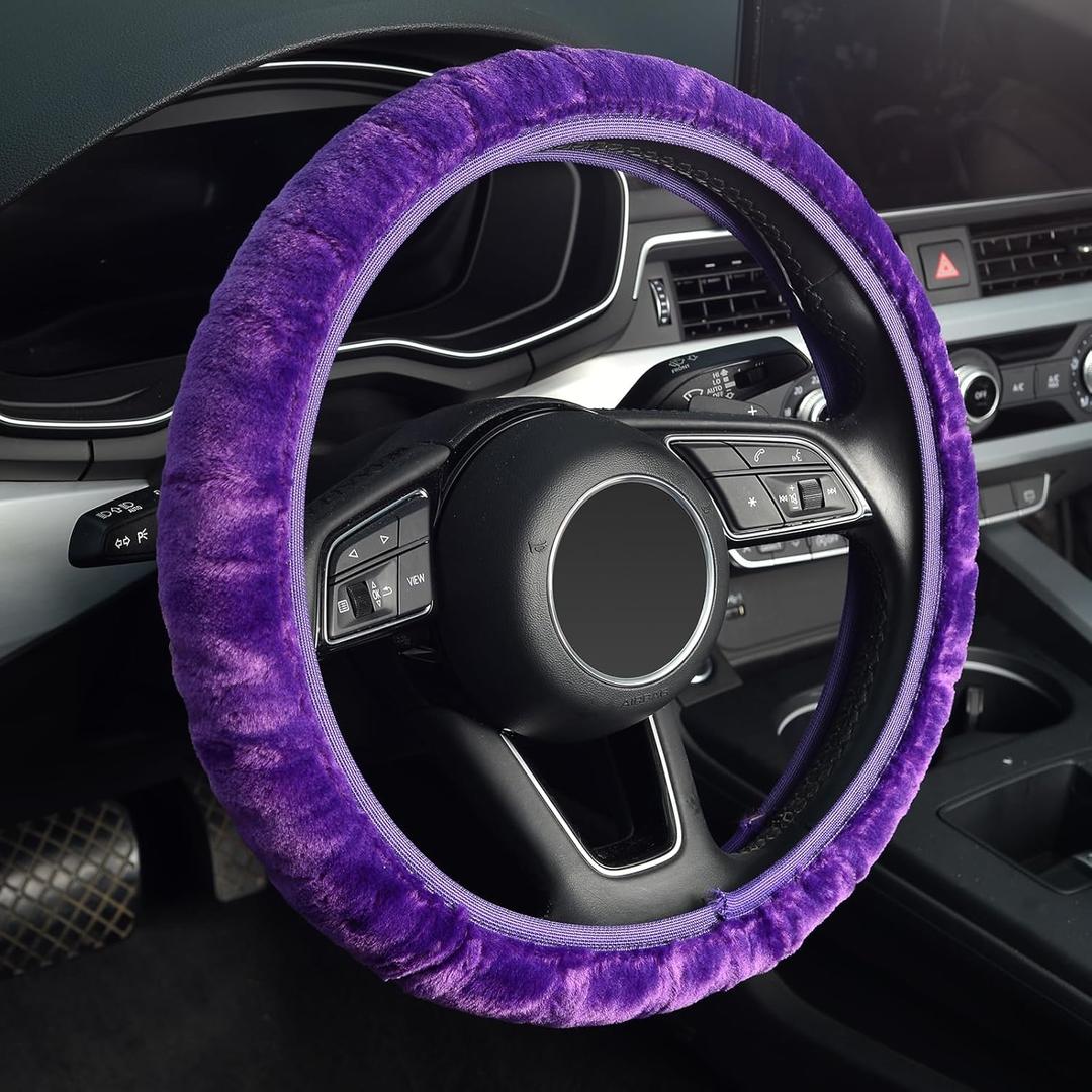 KAFEEK Purple Elastic Fuzzy Steering Wheel Cover, Microfiber Plush Steering Wheel Cover for Woman Girl, Winter Warm, Universal 15 inch
