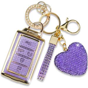 Compatible with Jeep Key Fob Cover with Keychain, Car Key Shell for Women Compatible with Grand Cherokee L Grand Wagoneer L Wagoneer Grand Cherokee L 2021-2023 Protector (5 Buttons-Purple)