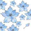 24 Pcs Christmas Glitter Poinsettia Flowers Decorations 5.91 Inch 3.94 Inch Artificial Velvet Poinsettia with Clips, Poinsettia Christmas Tree Ornaments for Xmas Party Decor(Blue)