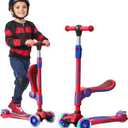 Red and Blue 3 Wheel Scooter with Seat for Kids, Light-Up Wheels, Adjustable Lean to Steer Handlebar and Seat, Smooth Wheels, Wide No-Slip Deck, Rear Foot Brake, Toddler Outdoor Toys for Ages 2+