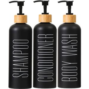 HOMCDALY 16oz 3-Pack Refillable Black Bathroom Shower Set - Empty Bottles with Pump for Shampoo, Conditioner, or Body Wash