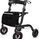 Rollator Walker for Seniors, Lightweight Foldable All Terrain Rolling Walker with seat, Aluminum Walkers with 8 inch Rubber Wheels, Handles and Backrest for Seniors and Adult (Black)