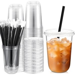 Ziliny 50 Set Clear Plastic Cups with Lids and Straws, Disposable Iced Coffee PET Cups for Drinking Cold Beverage Juice Parfait Smoothie Milkshake Coffee Shops Party Supplies (16 oz)