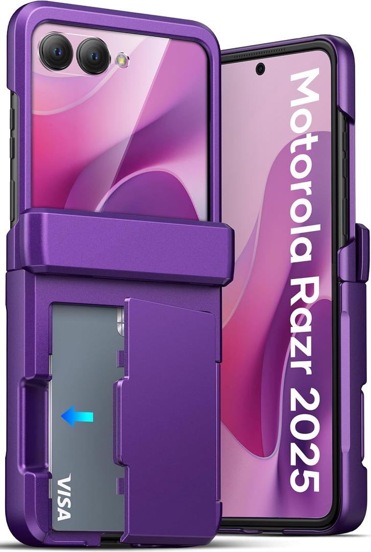 ATATOO for Motorola Razr 2025 Case, Built-in Card Holder (Store 3 Cards) & Hinge Protection & HD Screen Protector, Military Grade Protection, Hard Wallet Phone Case for Moto Razr 2025, Dark Purple