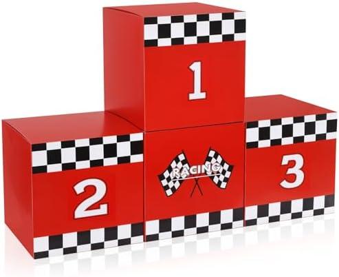 Zhanmai 4 Pcs Large Racing Car Party Boxes 11.8 x 11.8 Inch Goodie Checkered Boxes for Birthday Decor Truck Theme Race Car Podium Centerpiece Decorations Cardboard Party Favors(Red)