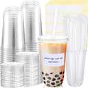 Ziliny 50 Sets Crystal Plastic Clear Cups with Lids, Straws and Stickers, Disposable Iced Coffee Cups Thickened PET for Iced Coffee, Bubble BobaTea, Smoothie, Cold Drinks, Juice, Shops (18 oz)