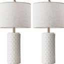 23 Inch Ceramic Table Lamp Set of 2, 3-Way Dimmable Modern White Bedside Lamps with Linen Shade for Bedroom, Nightstand Lamps for Living Room End Table Office, Polished Finish, LED Bulb