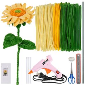 Pipe Cleaners Craft,Sunflower Pipe Cleaner Flowers,4 Assorted Colors Pipe Cleaners Bulk,Chenille Stems for DIY Flower Making Kit with Floral Wires,Scissors,Ruler,Hot Melt Glue Guns and Glue Sticks