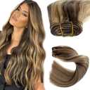Sew in Hair Extensions Real Human Hair, Balayage Ash Brown to Honey Blonde Highlights Weft Hair Extensions Human Hair,14Inch 80G Hand Tied Weft Hair Extensions Human Hair Sew in Extensions for Women