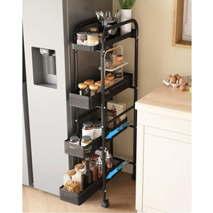 UMDONX Slim Storage Cart 4 Tier with Pull Out Basket Bathroom Organizer Rolling cart, Rolling Utility Cart Slide Out Organizer for Kitchen, Bathroom, Laundry Black