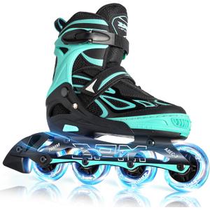 2PM SPORTS Vinal Girls Adjustable Flashing Inline Skates, All Wheels Light Up, Fun Illuminating Skates for Kids Men Adult Women and Boys, Large - Youth (4-7 US), Mint