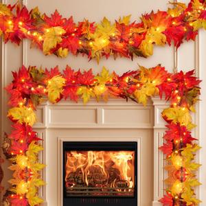 Thanksgiving Decorations for Home Large Maple Leaves 9Ft Plug in Thanksgiving Garland with Lights 50 Orange Bulbs UL Certified Connectable Fall Garland Lights for Indoor Outdoor Harvest Decorations (1 Pack)