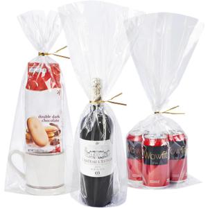 Wowfit 50 CT 9x20 Inches Clear Flat Cellophane Treat Bags with 6" Gold Twist Ties Large Cello Bags for Wine Bottles, Gifts, Cookies, Mugs, Candies, Party Favors & Wrapping Sturdy & Crystal Clear