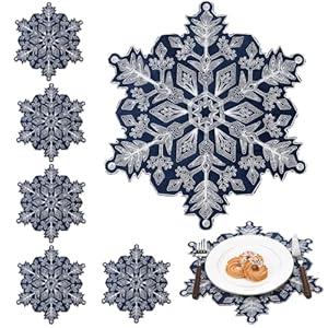 HunnmingRe Christmas Snowflake Placemats Set of 6 Embroidered Snowflake Table Mats 14 Inch Velvet Blue Christmas Table Decorations Xmas Washable Placemats for Xmas Holiday Tabletop Home Dining Kitchen