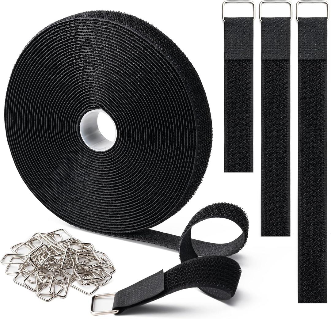 1" x16Ft Hook and Loop Straps with 25 Metal Buckles, Adjustable Fastening Cable Straps, Free Cut Length, Reusable Nylon Cable Ties for Organizer or Storage, Black