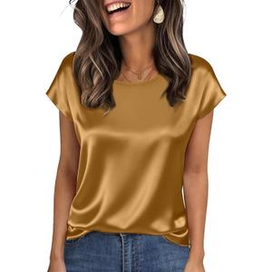Nfsion Tops for Women Silk Satin Cap Short Sleeve Blouse Square Neck Shirts Business Casual Outfits (Gold, M)