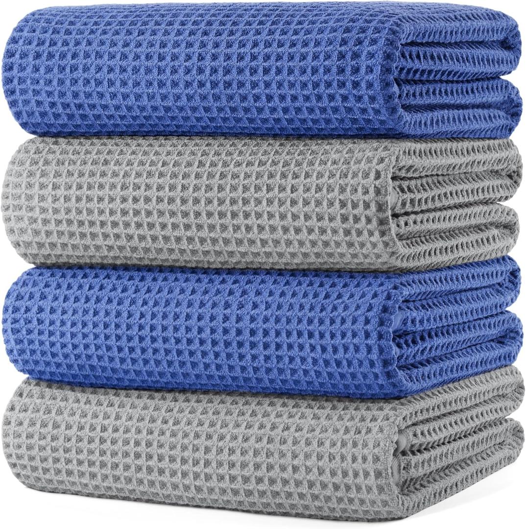 POLYTE 430 GSM Microfiber Oversize Quick Dry Lint Free Bath Towel, 60 x 30 in, 4 Pack (Waffle Weave) Pack Of 2 (Blue)