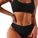 Lilosy High Waisted Ribbed Tank Bikini Set Cheeky Swimsuit 2 Piece (Medium, Black)