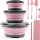 Collapsible Bowl, 3 Pcs Food Grade Silicone Camping Bowl, Expandable Salad Bowl Lunch Box with Lid & Tableware for Travel and Picnic (Pink)