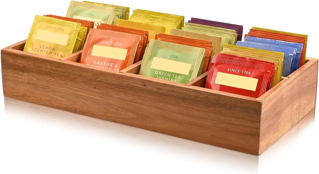 Acacia Wood Tea Bag Organizer with 8 Slots  Tea Bag Holder and Tea Organizer, Sugar Packet Storage for Countertops