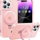 Magnetic Ring Stand Case for iPhone 14 Pro Max - 120° rotatable Stand, N52 Magnet, Non-Slip, Matt Transparent Back, Easy to Clean, Shockproof, Military Standard Drop Protection (Pink)