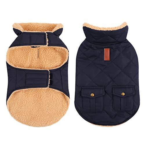 Queenmore Warm Dog Coat, Cold Weather Puffer Dog Jacket with Ultra Thick Plush Lining, Storage Pockets (Dark Navy, Medium)