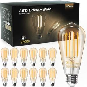 TJOY ST58 Vintage LED Edison Bulbs, Dimmable, 2200K Amber, 12 Pack, 8W