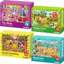 QUOKKA 100 Piece Puzzles for Kids Ages 4-6 4xSET Search and Find Kids Puzzles Ages 5-8 Artist-Crafted Illustrations with Children Daily Life, Hidden Objects - Educational Activity Toy Gift