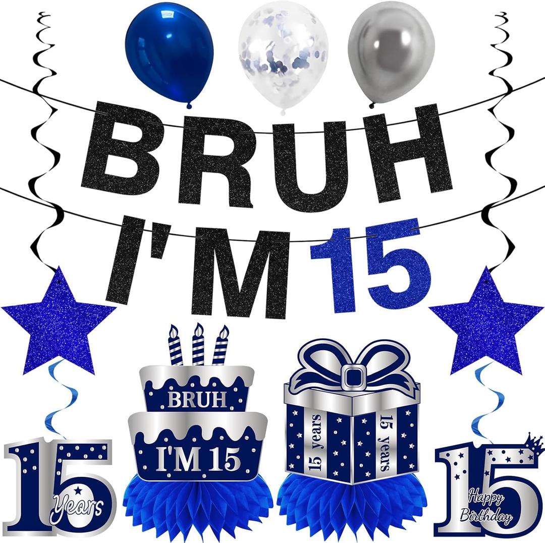 Kuxriox 11Pcs 15th Birthday Decorations for Boys Men, Blue Sliver Happy 15th Birthday Banner, Bruh I'm 15 Balloons Centerpieces Swirls Party Supplies, Fifteen Bday Banner Ceiling Table Topper Sign