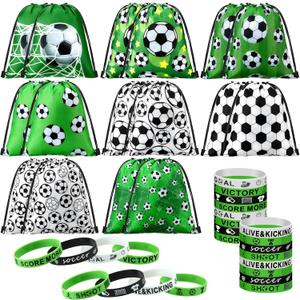 Sadnyy 32 Pcs Soccer Party Favors Set Include 16 Drawstring Goodie Bags 16 Silicone Bracelets Wristband Snack Treat Candy Bags for Birthday Party Team Gift Stuffers Supplies