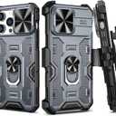 VEGO for iPhone 15 Pro Max Case, Slide Camera Cover & Belt Clip Holster & Magnetic 360Ring Kickstand Military Grade Heavy Duty Protection Cover for iPhone 15 ProMax - Dark Grey