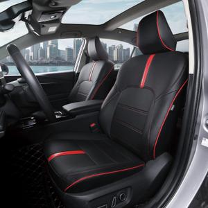 Custom Fit Seat Covers for 2025-2026 Toyota Camry Hybrid LE SE & 2026 Nightshade - Full Set Premium Waterproof Faux Leather Car Seat Protectors (Black+Red Line)