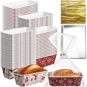 100 Sets Christmas Paper Loaf Pan 6.3 x 2.2 x 2.2 Inch Mini Disposable Bread Pans with Clear Plastic Bags and Ties Rectangle Baking Mold Loaf Containers for Bread Cake Baking (Elegant Style)